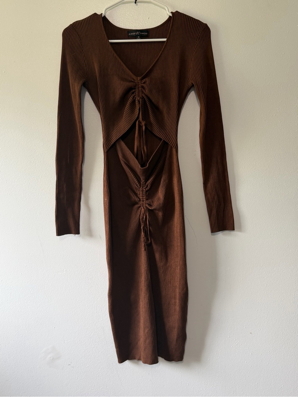 Almost Famous Brown Ribbed Long Sleeve Cutout Midi Dress